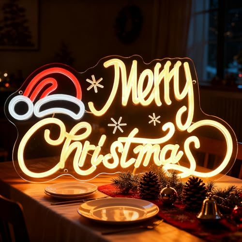 Image of Neon Sign with Santa Hat, 16x9 In Xmas Led Neon Sign USB Powered Merry Christmas Neon Light Up Sign for Home Wall Decor Kids New Year Party Backdrop