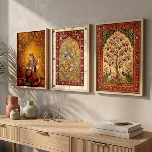 Image of kotart Decorative Traditional Wall Art Home Decor Madhubani Painting poster With Frame For Living Room Bed Room Hotel Wall Decor Digital Reprint Set of 3 (10X13 INCH)