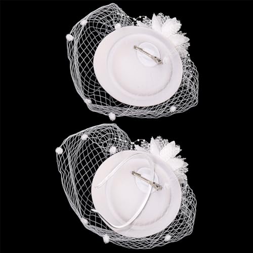 Image of Hiceeden 4 Pieces White Tea Party Hat Accessories for Women, Elegant Fascinator Wedding Hat for Girls, 20s 50s Pillbox Funeral Hats with Veil, Short Lace Floral Gloves, Pearl Earring and Necklace
