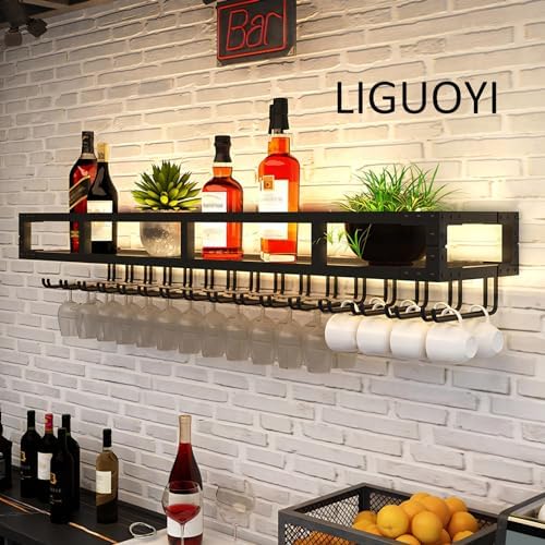 Wall Mounted Wine Rack with Glass Holder and Screws Easy Installation Stable Metal Shelf for Kitchen Wine Cellar Bar Black/Gold Finish 100cm