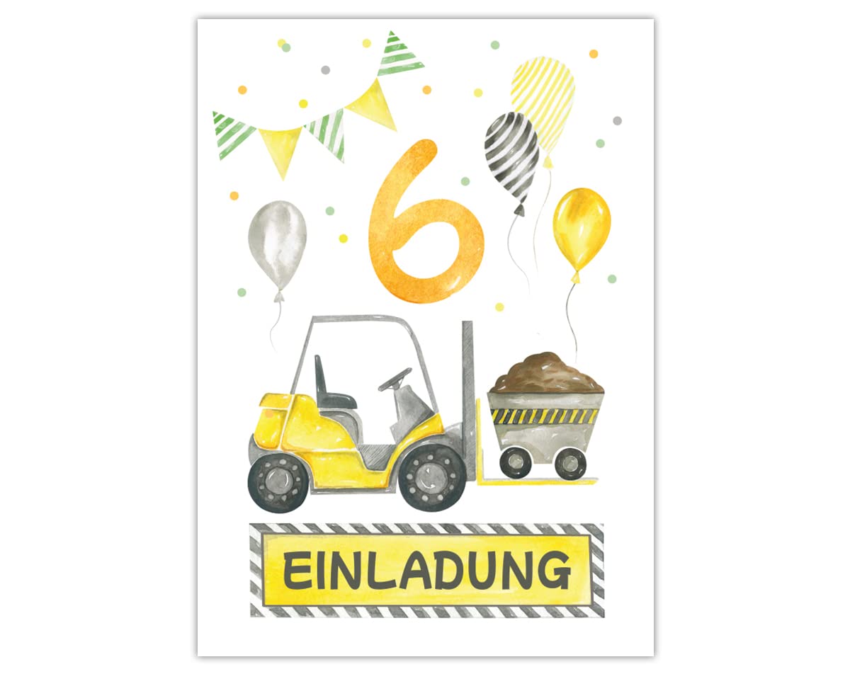 Minkocards 12 Einladungskarten zum sechsten Kindergeburtstag 6. Geburtstag Jungen Jungs Baustelle Bagger Einladungen zum Geburtstag Kinder bunte Geburtstagseinladungen