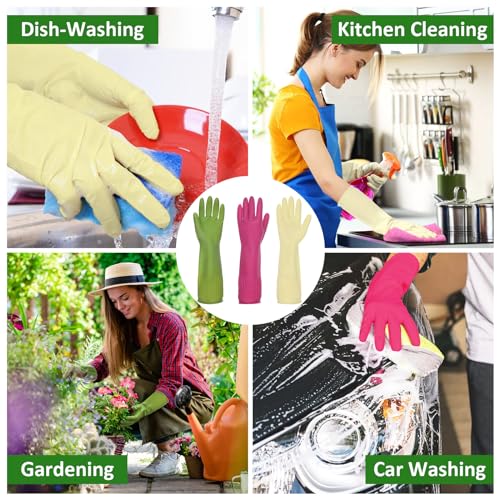 WATUNID 3 Pares Guantes De Goma Largo, Guantes De limpieza Antideslizantes, Limpieza Reutilizable el Hogar, Guante Cocina, Baño, Lavandería, Jardinería, Cuidado(L,Amarillo, Rosa, Verde) - imagen 6