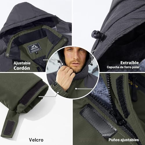 Miniatura 4 de Kefitevd Chaquetas Impermeables Lana Hombre Abrigos Impermeables Esquí Cálidos Invierno Abrigos Térmicos Exteriores,Verde Militar,L