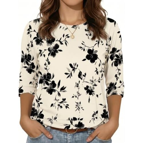Womens Shirt 3/4 Sleeve Graphic Tops Crew Neck Spring Fall T