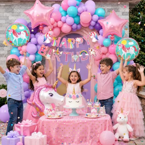 Image of Unicorn Theme Birthday Decoration Kit Set of 55 Pcs | Happy Birthday Banner with Unicorn Foil Balloon & Latex Balloons Decor for Girls Bday Party Decorations Items