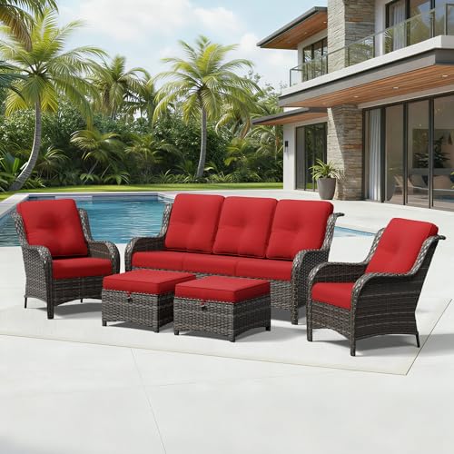 Image of Joyside 5 Piece Wicker Patio Furniture Set, Rattan Patio Chairs with High Back, Deep Seating, Wide Armrest, Thickened Cushions, Outdoor Furniture for Deck, Porch Use