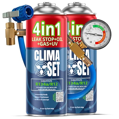 CLIMASET - 2 X 4 En 1 Gaz de Recharge pour Climatisation R134a, Huile, Produit D'étanchéité Avec Colorant UV + Tuyau - Kit de Recharge de Gaz pour Climatisation et de Détection de Fuites