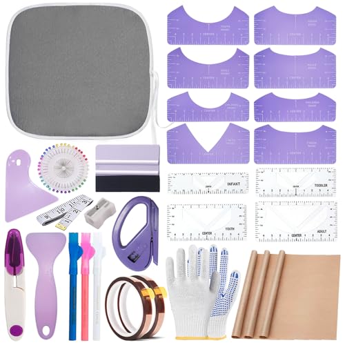 DNSGOOR Sublimation Shirts Tool Kits for Vinyl Alignment Portable Pad for Ironing T-Shirt Rulers Guide and Teflon Sheet for Cricut Heat Press HTV Vinyl Center Designs Craft Sewing Accessories