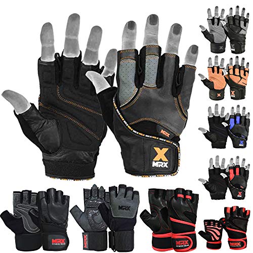 MRX Leather Weight Lifting Gym Gloves Cross Power Lifting Fitness Exercise Bodybuilding Workout with Free Bar Strap Black,Orange(X-Large)
