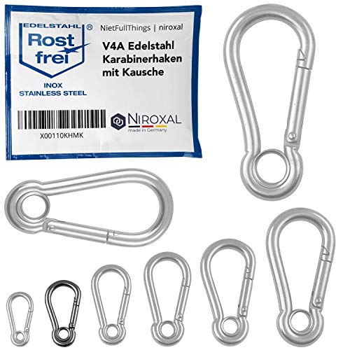 Niroxal 5 mm Stainless Steel Snap Hook with Eye Thimble - Heavy Duty Carabiner Clip - Marine Grade 316 - Spring Snap Hook - 1 Pack