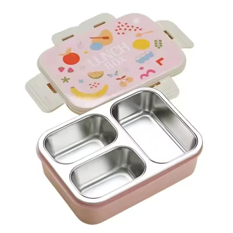 Image of Stainless Steel Lunch Box | 3-Compartment Bento Box, Leak-Proof, BPA-Free, Eco-Friendly Meal Prep Container for Adults, Kids, School, Work, & Travel | Durable & Portable Tiffin Box (Pink)