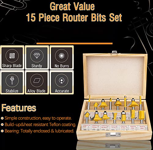 Router Bits 1/4 Shank, Router Bit Set 15 Pcs, Roundover Router Bit 1/4 Shank - Carbide Router Bits For Wood, Woodworking, Diy #TOP2
