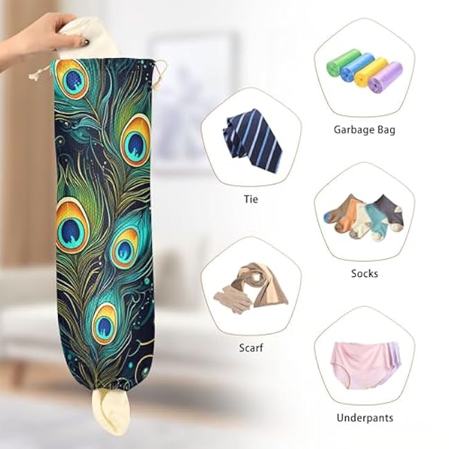 xigua Peacock Feathers Plastic Bag Holder Wall Mount with Drawstring 2 Pack, Reusable Grocery Bag Organizer Decor for Bags, Socks, Underwear, And Neckties