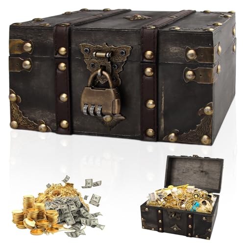 Coffre au Trésor Vintage en Bois 18x11x10 cm - Coffret Pirate Enfant avec Serrure à Combinaison, Boîte à Bijoux & Tirelire - Cadeau Fait Main...