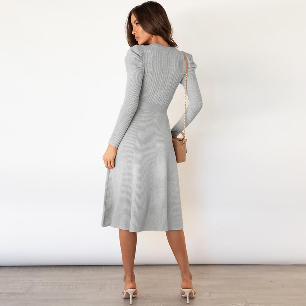 IDOPIP Femmes Automne Hiver Pull Robe Chandail Manches Longues Élégante Tricot Col Rond Midi Robe