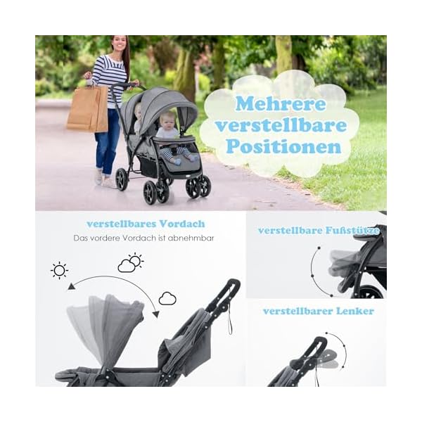 COSTWAY Geschwisterwagen klappbar, Zwillingswagen mit verstellbarer Rückenlehne & Verdeck, Reisebuggy mit Liegefunktion, Zwillingsbuggy Kinderwagen für Baby ab 6 Monate, 30 kg Belastbar (Grau)