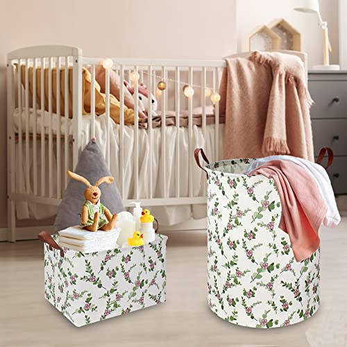 Image of NTAOHAMPER Large Round Canvas Linen Laundry Hamper,Waterproof Storage Bin for Books /Clothes, Laundry Basket, Gift Basket(Eucalyptus leaves)