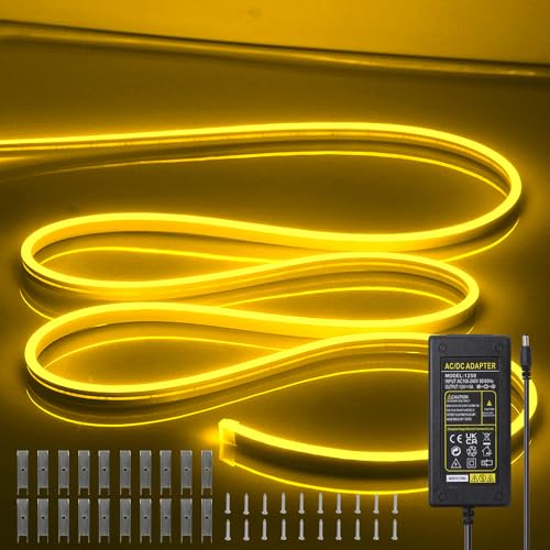 Image of Neon Rope Lights - Cuttable and Dimmable Neon Light Strip 16.4ft /5m Neon Led Strip Lights 12V for Lighting Decoration Indoors Outdoors [Power Adapter Included] Yellow