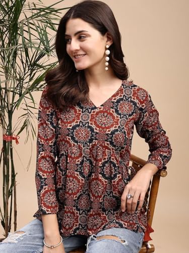 Image of MAHIRA'S Women's Short Kurti, Black Rayon Tunic Top with Embroidered Sleeves, 3 /4 Designer Sleeves