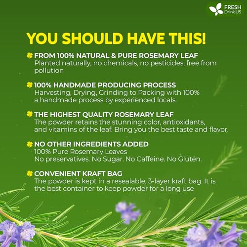 Image of FreshDrinkUS, Premium 8oz Rosemary Leaves Powder, 100% Natural & Pure, Herbal Tea, No Sugar, No Caffeine, No Gluten, Vegan.