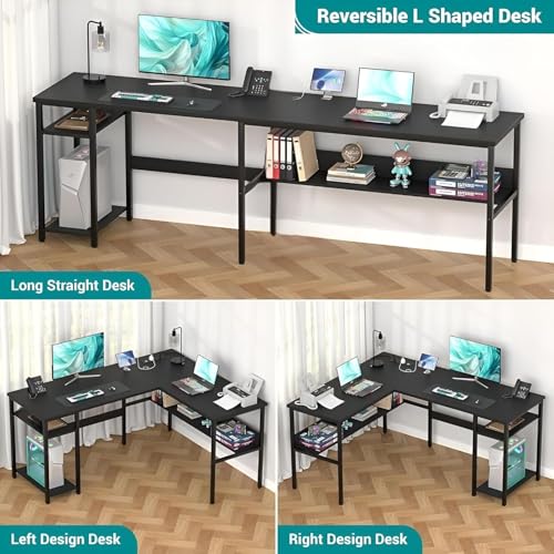 Image of L Shaped Office Desk with Storage Shelf | Wooden Study Table for Home | Computer Table for Home PC | Corner Workstation for Laptop & PC | Space Saving Office Setup | Black | 100 x 150 x 75 cm