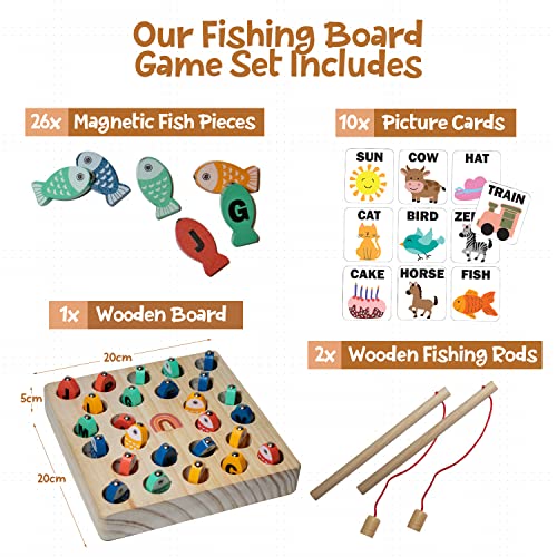 A&E Kids World Magnetic Wooden Fishing Game For Children Aged 3+ – Montessori 26-Piece Sorting Puzzle/Letter Tracing Board – Learn The Alphabet, Develop Motor Skills, Practice Color Recognition #TOP1