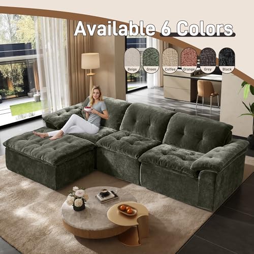 Image of 118 inch Oversized Modular Sectional Sofa, Large Modern Cloud Sectional Couch with Ottoman, Chenille 4 Seat Sofa Set, L-Shape Couch for Living Room, Apartments, No Assembly Required, Green