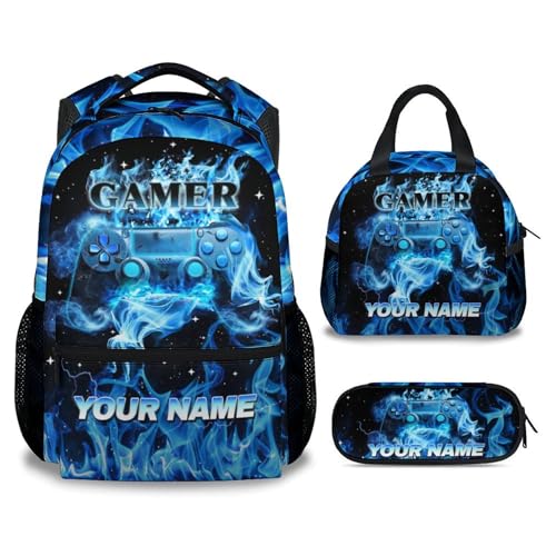 Custom Backpack with Lunch Box and Pencil Case Set, Set of 3 Matching Gamer Backpacks Combo, Blue Cute Gaming Boys Kids Bookbag and Pencil Case Bundle
