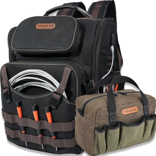 Image of WELKINLAND 60-Pocket Electrician Backpack & Tool Bag Set, Tool Bag Backpack | Full-Open Tool Backpack For Men, Heavy-Duty Tool Back Pack, Wax Canvas Tool Backpack HVAC, Handy Back Pack Tool Bags For Men