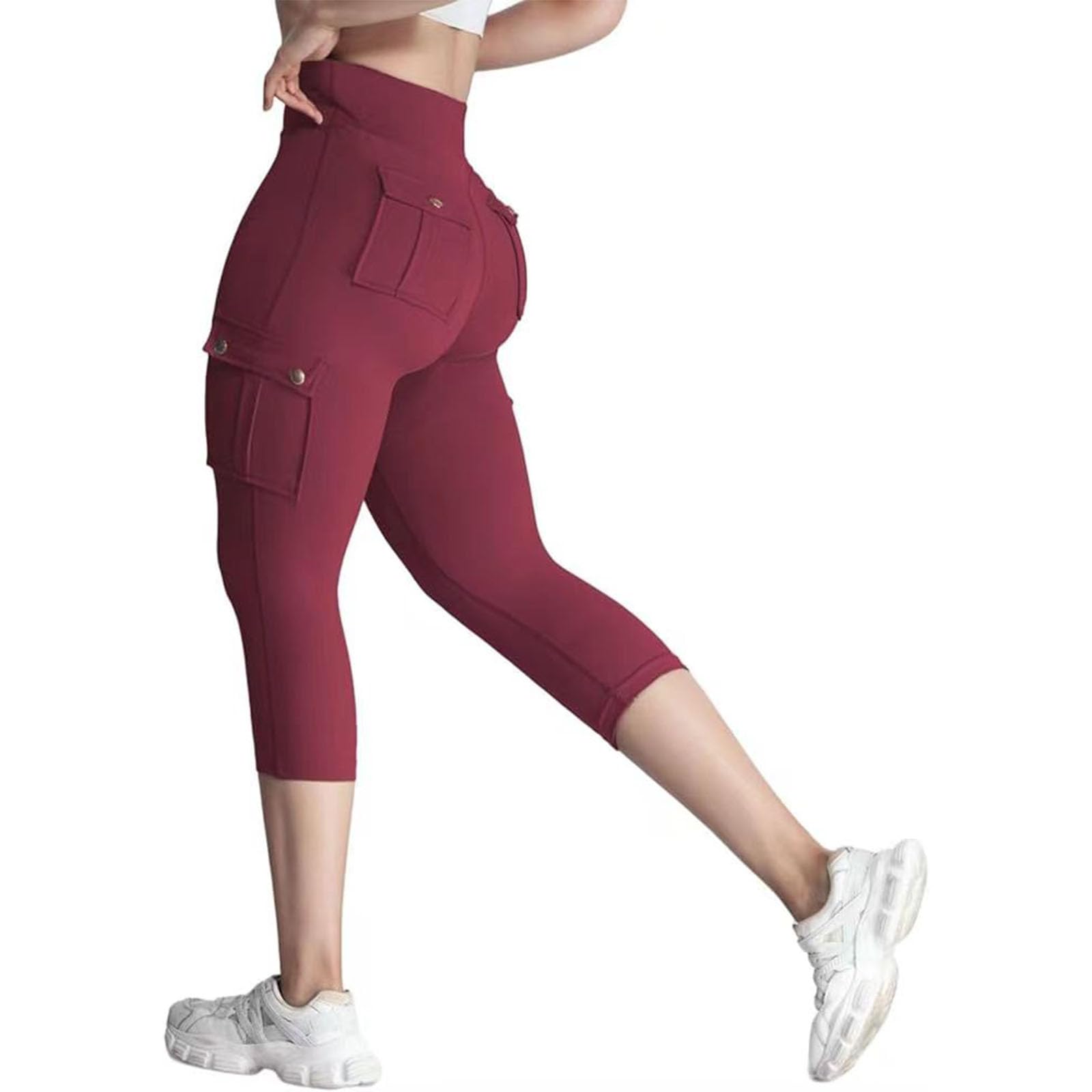 Sumleno Cargo Capri Leggings with Pockets for Women High Waist Tummy Control Scrunch Butt Lifting Workout Running Pants