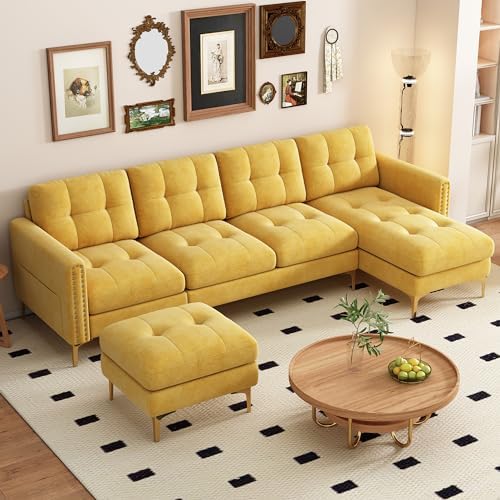 P PURLOVE Velvet Modern Large Sectional Sofa, U Shape Upholstered Couch with Chaise, Convertible Sofa Couch with Movable Ottoman for Living Room Apartment (Yellow)