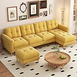 P PURLOVE Velvet Modern Large Sectional Sofa, U Shape Upholstered Couch with Chaise, Convertible Sofa Couch with Movable Ottoman for Living Room Apartment (Yellow)