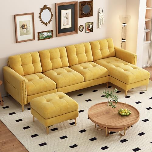 P PURLOVE Velvet Modern Large Sectional Sofa U Shape Upholstered Couch with Chaise Convertible Sofa Couch with Movable Ottoman for Living Room Apartment (Yellow)