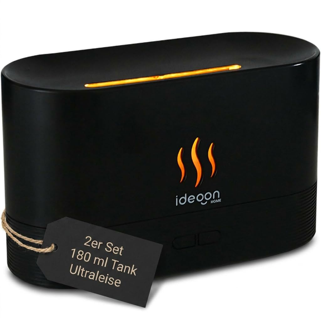 ideoon 2er-Set Stilvoller Aroma Diffuser mit Flammeneffekt – Ultraleiser Ultraschall Duftbefeuchter, USB, Auto-Stop, 10h Laufzeit für Schlafzimmer & Büro