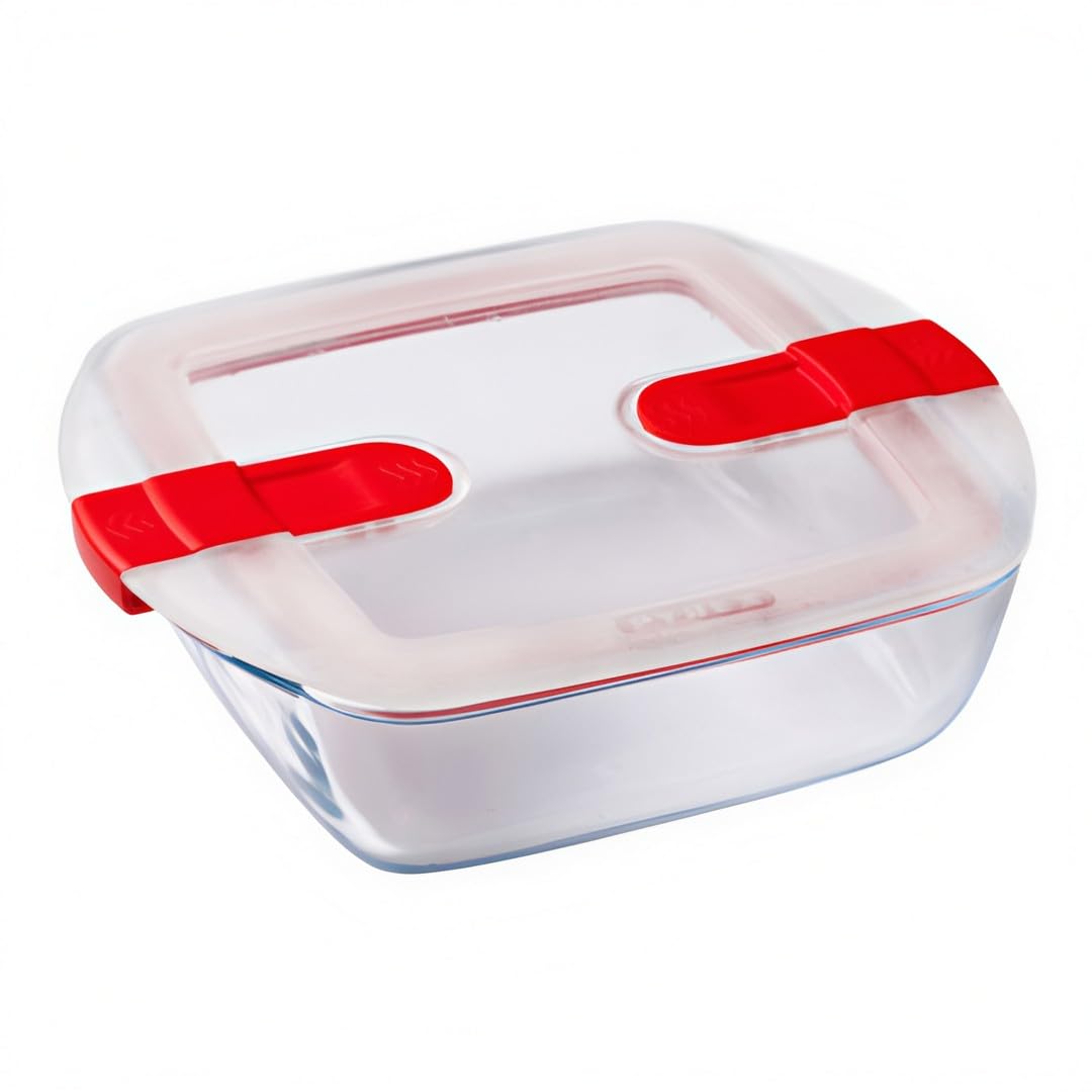 Pyrex Cook & Heat Square Glass Food Container with Patented Microwave Safe Lid, 20x17x6cm