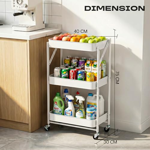 Image of Multipurpose Foldable Kitchen Storage Trolley | Heavy Metal 3-Tier Utility Cart for Storage | Portable Cart for Kitchen, Bedroom, Office | Kitchen Rack with Lockable Wheels (White)