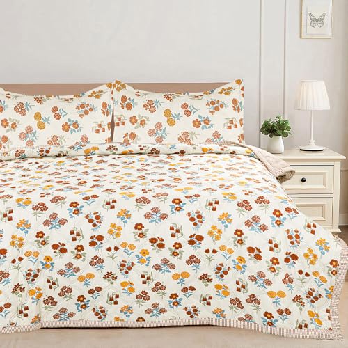 Image of Amazon Brand - Umi 100% Cotton Quilted /Ultrasonic 280 Tc Printed King Size Soft Bed Cover /Bedsheet /Bedspread Comforter with 2 Pillow Shams /Cover, (Luxurious, 90 x100 inches, Beige & Yellow & Maroon)