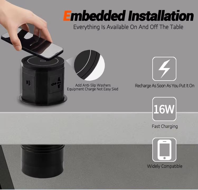 Image of Audiovan Vertical Pop Up socket Pneumatic Electrical Countertop Box, 3 Power+ 2USB type A+C charger port + 1 HDMI port+1 LAN Interface +18 watt Fast Wireless charger Conference Desk (AVT-VMP28) Black