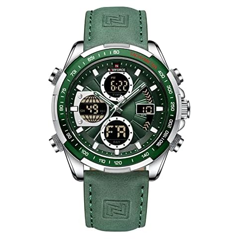 NAVIFORCE Digital Watch Men Luxury Leather Analog Quartz Waterproof Watches Fashion Business Chronograph Military Multifunctional Wristwatch (Silver) Cover