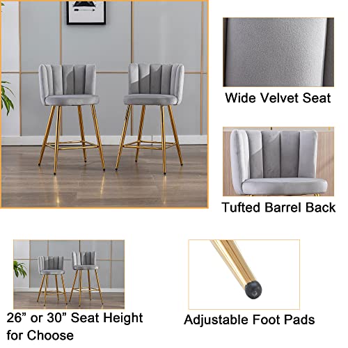 Velvet 26" Counter Height Barstools Set Of 2 Modern Kitchen Stools Upholstered Bar Stool Chairs With Gold Metal Legs For Kitchen Island/Breakfast Bar/Restaurant, Grey #TOP4