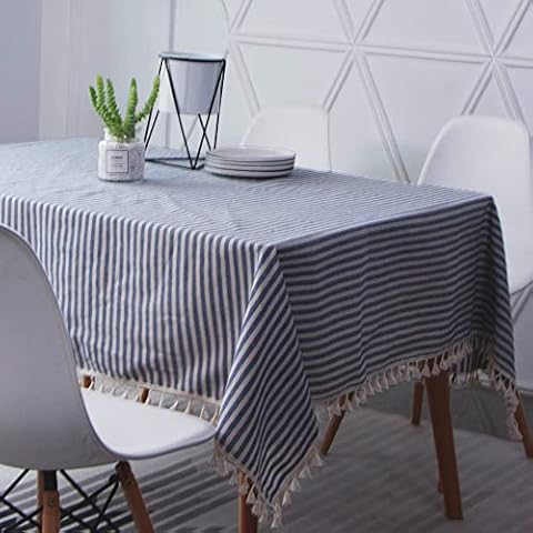 Novetec Tischdecke Rechteckige Leinenoptik Streifen Quaste Tischtuch Abwischbar Ölbeständig Fleckschutz Tischdecken Pflegeleicht für Drinnen Draussen Garten Esszimmer Party und Festen 140x260 Cover
