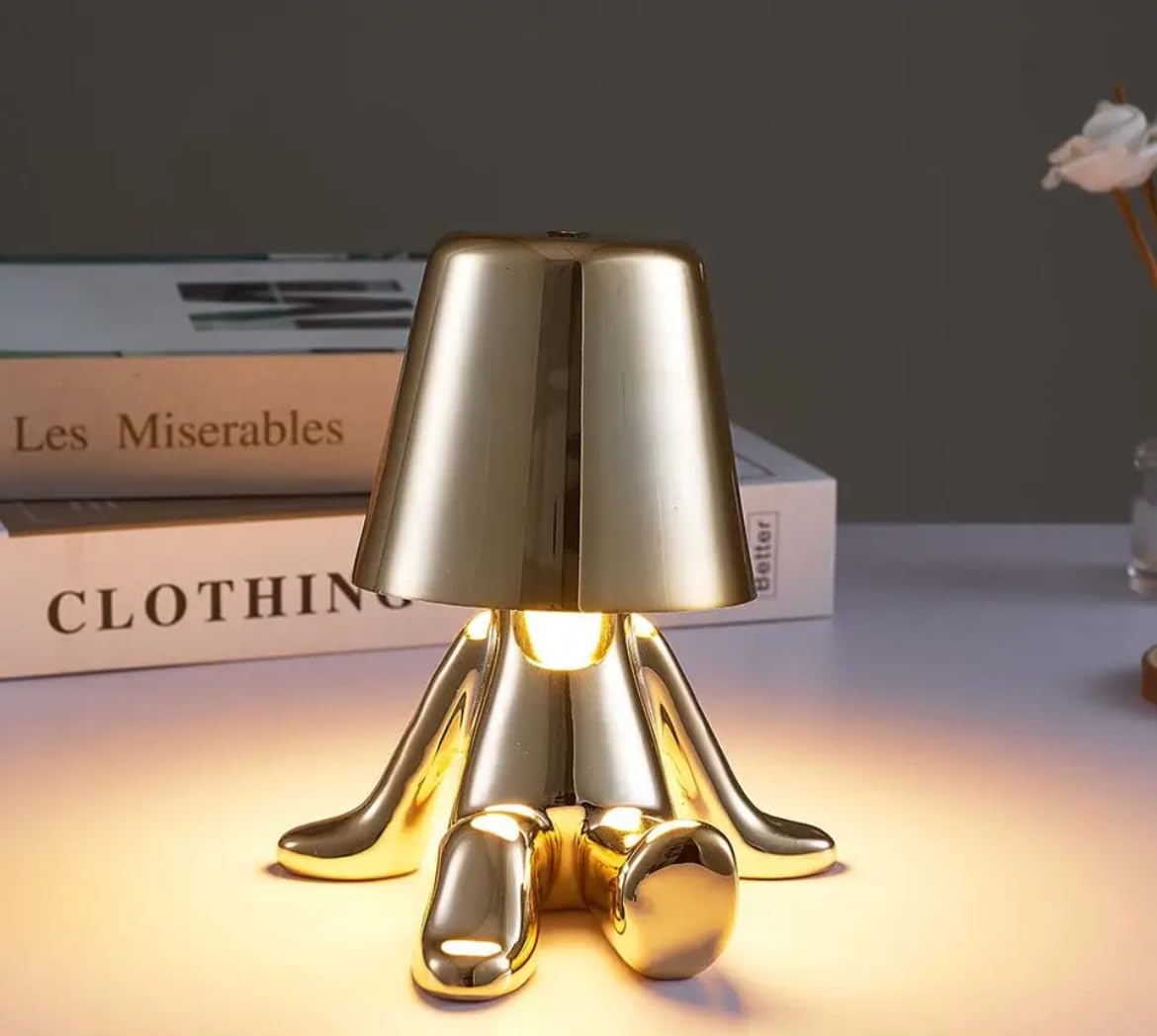 Blue CoralLittle Golden Man Night Light Rechargeable Iron Art Ornament Italy Art Deco Study Coffee Shop Bar Bedside Table Decorative Lamps (Gold D)