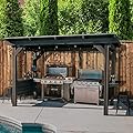 Backyard Discovery Rockport XL 12' x 6' Galvanized Steel BBQ Grill Gazebo Pavilion with Hardtop Steel Roof, Bar Tops, Powerport, Snow Support, Wind Resistance, Cook Station for Outdoor Patio or Deck