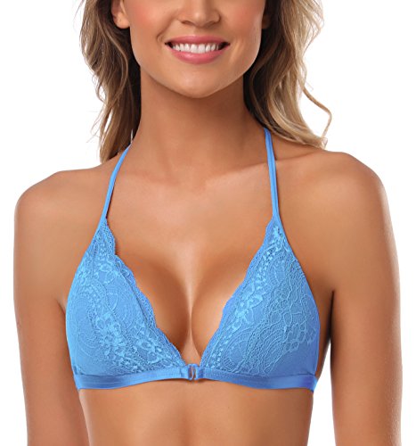 Image of SHEKINI Women's Embroidered Triangle Bra Front Closure Plunge Wireless Lightly Lined Lace Bralette Top