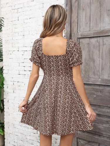 Image of Missufe Women's Puff Short Sleeve Drawstring Ruched Front Fit and Flare Floral Summer Casual Short Dress