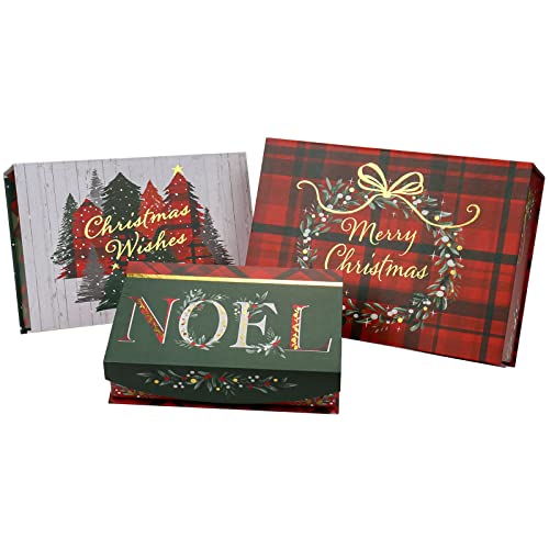 Lot de 3 boîtes cadeaux de Noël avec couvercle, cadeau d'anniversaire avec couvercle magnétique et ruban, 32x22x9cm, 30x20x7cm et 24x16x6cm, boîte cadeau rectangulaire pour mariage, anniversaire, Noël Cover