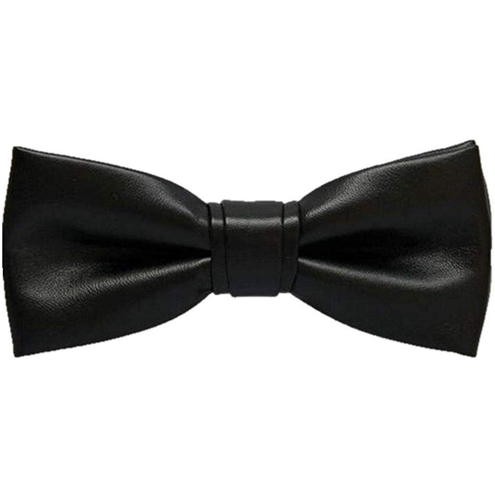 Canjoyn Men's Black Pre-Tied Solid Color Pu Leather Luxury Bow Ties Tuxedo Banquet Big Bowtie, Medium