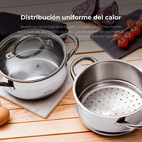BERGNER Gourmet | Cacerola de Cocina Con Hervidor | Cazuela con Tapa, Hervidor y Capacidad de 2,2L | Acero Inoxidable | Muy Resistente, Fácil de Limpiar y Para Todo Tipo de Cocinas - imagen 4