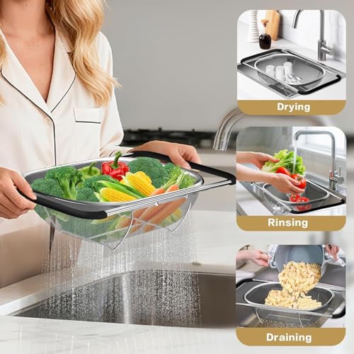 Image of Strainer Sink Basket Stainless Steel Oval Colander Rubber Grip Handle, Fine Mesh Baskets Kitchen Over The Sink Colander for Strain, Drain, Rinse Vegetables, Fruits (1 Pc, Silver)