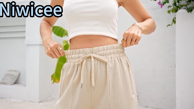 Niwicee Pantalon Lin Femme - Large Et Confortable - Taille Élastique Avec Cordon - Idéal Été Plage Vacances